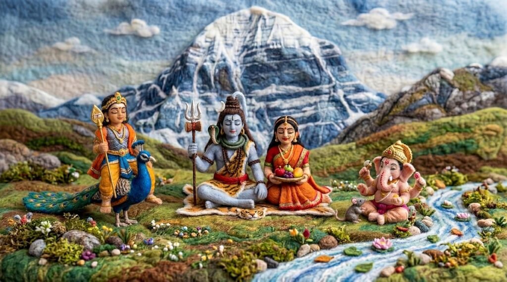 needle felting, felted art, wool sculpture, shiv parivar, lord shiva, goddess parvati, lord ganesha, lord kartikeya, shiva lingam, abhishek, mount kailash, miniature diorama, handmade crafts, fiber art, devotional art, spiritual miniature, farm life, miniature animals, barnyard scene, wool craft, ai generated